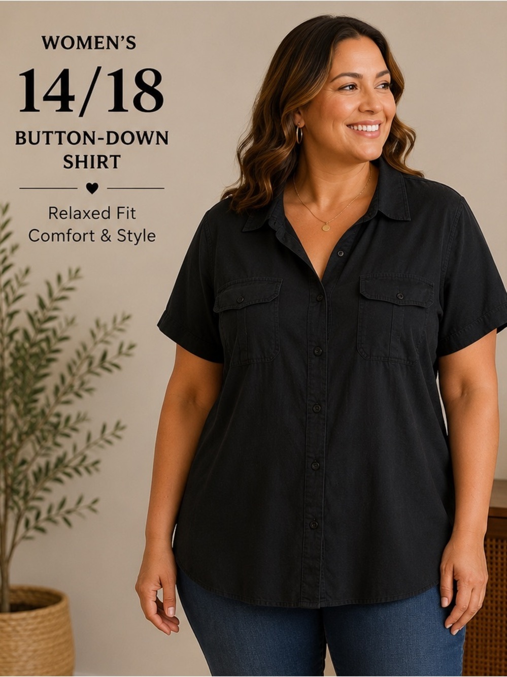 Avenue Black Short-Sleeve Button-Down Shirt 14/18